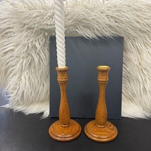 Pair Vtg Oak Wood Turned Candlesticks Primitive Rustic Folk RetroCandle Holders
